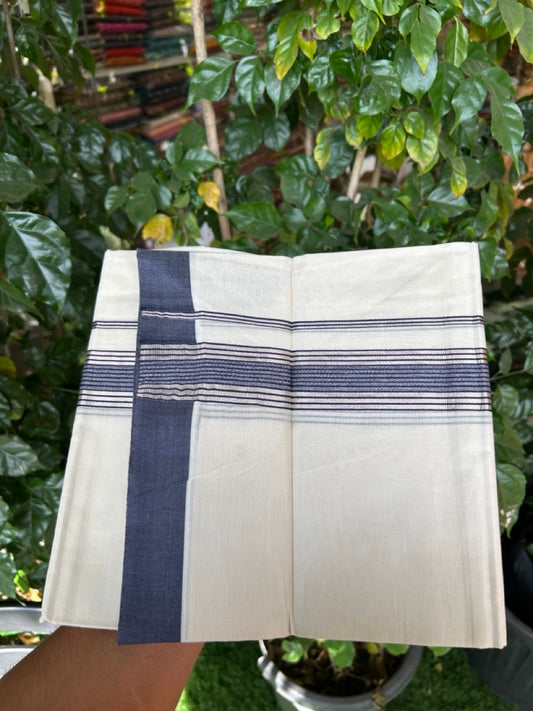 20% DISCOUNT! KaithariKada Balaramapuram Double OFF WHITE Mundu/Dhoti - 80x80 - 1.5 Inch Silver Kasav & Navy Blue striped Kara - 6 KK5285 VAS