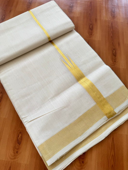 25% Discount ! KaithariKada Handloom Unakkupaav Kerala Handloom - 100% Pure Cotton Off White (Unbleached) Double Mundu/Dhoti - 100x80 - 0.25 Inch Puliyilakkara Gold Kasav Chutty Kara 4 mtr (8.5 muzham) - 20 KK5384 ABH