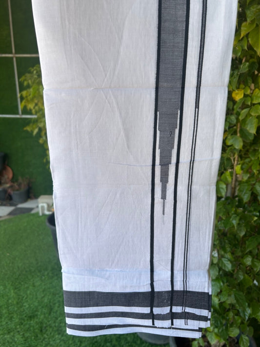 25% DISCOUNT! KaithariKada Balaramapuram 100% Mercerised Cotton Double ULTRA PURE white Mundu/Dhoti - 120x120 - 1.5 inch Heavy Chutty Black Shaded Kara - 15KK5139THI