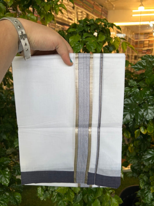 20% Discount ! KaithariKada Balaramapuram 100% Cotton Double Pure white Mundu/Dhoti- 100x80 - 1.5 inch Silver Kasavu & Navy Blue Striped Kara 3.90mtr ( 8 muzham) - 24 KK5251 PMC