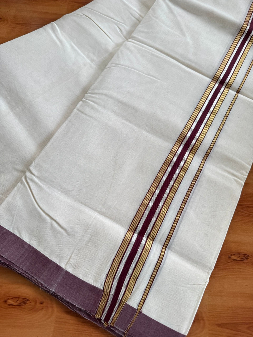 Double Off White (Unbleached) Mundu/Dhoti  25% Discount!! KaithariKada Handloom Millpaav - Kerala Handloom - 100% Pure Cotton - 80x90 - 1.75 Inch Gold Silver Kasav & Dark Maroon Striped Kara 4 mtr (8.5 Muzham) - 13 KK5508 RAM