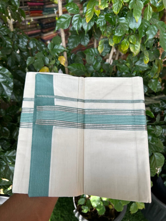 20% DISCOUNT! KaithariKada Balaramapuram Double OFF WHITE Mundu/Dhoti - 80x80 - 1.5 Inch Silver Kasav & Light Teal Green striped Kara - 5 KK5285 VAS