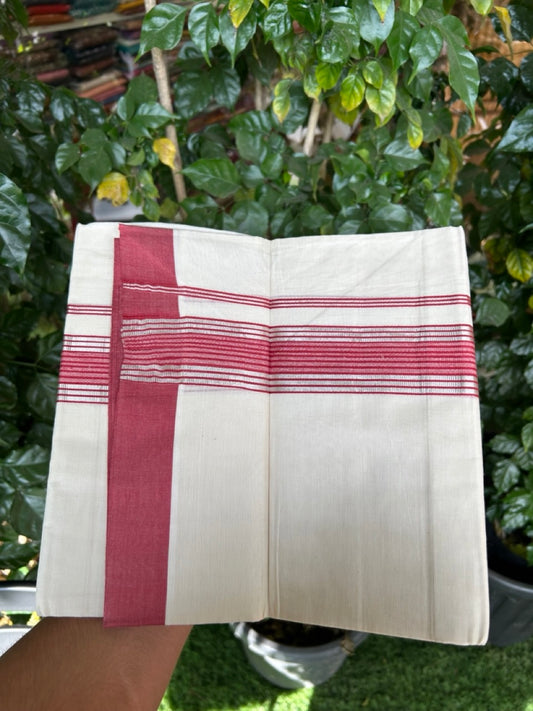 20% DISCOUNT! KaithariKada Balaramapuram Double OFF WHITE Mundu/Dhoti - 80x80 - 1.75 Inch Silver Kasav & Magenta Red striped Kara - 4 KK5285 VAS