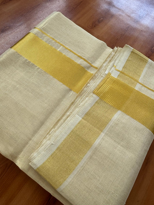 25% Discount ! KaithariKada Handloom Unakkupaav Kerala Handloom - Pure Cotton Off White - (Unbleached) Double Mundu/Dhoti - (100X80) - 2 inch Gold Kasavu Tissue Body 4 mtr (8.5 Muzham) - 12 KK5384 ABH