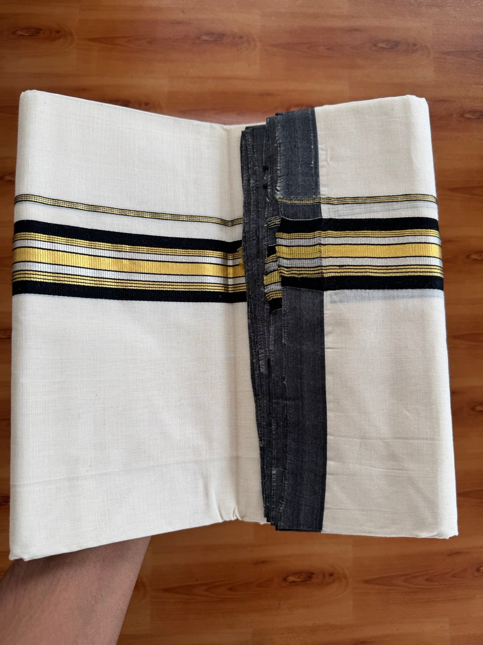 Double Off White (Unbleached) Mundu/Dhoti  25% Discount!! KaithariKada Handloom Millpaav - Kerala Handloom - 100% Pure Cotton - 80x90 - 1.75 Inch Gold Silver Kasav & Black Striped Kara 4 mtr (8.5 Muzham) - 8 KK5508 RAM