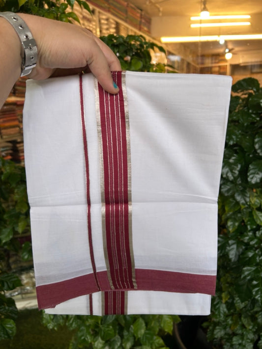 20% Discount ! KaithariKada Balaramapuram 100% Cotton Double Pure white Mundu/Dhoti- 100x80 - 1.5 inch Silver Kasavu & Dark Maroon Striped Kara 3.90mtr ( 8 muzham) - 22 KK5251 PMC