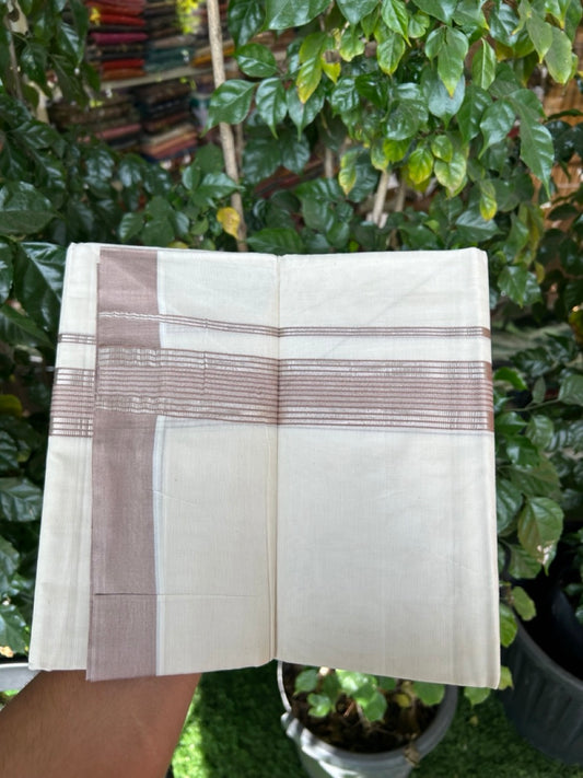 20% DISCOUNT! KaithariKada Balaramapuram Double OFF WHITE Mundu/Dhoti - 80x80 - 1.5 Inch Silver Kasavu & Light Brown striped Kara - 3 KK5285 VAS