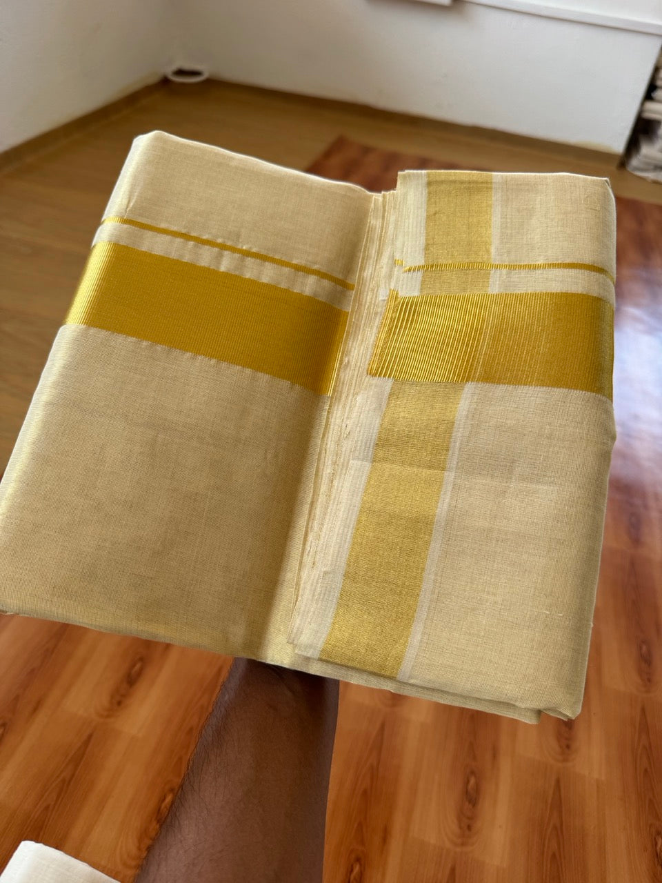 25% Discount ! KaithariKada Handloom Unakkupaav Kerala Handloom - Pure Cotton Off White - (Unbleached) Double Mundu/Dhoti - (100X80) - 2 inch Gold Kasavu Tissue Body 4 mtr (8.5 Muzham) - 12 KK5384 ABH