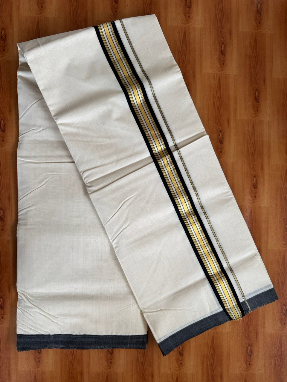 Double Off White (Unbleached) Mundu/Dhoti  25% Discount!! KaithariKada Handloom Millpaav - Kerala Handloom - 100% Pure Cotton - 80x90 - 1.75 Inch Gold Silver Kasav & Black Striped Kara 4 mtr (8.5 Muzham) - 8 KK5508 RAM