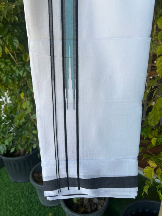 25% DISCOUNT! KaithariKada Balaramapuram 100% Mercerised Cotton Double ULTRA PURE white Mundu/Dhoti - 120x120 - 1.25 inch Heavy Chutty Black & Light Blue Green Shaded Kara -10KK5139THI