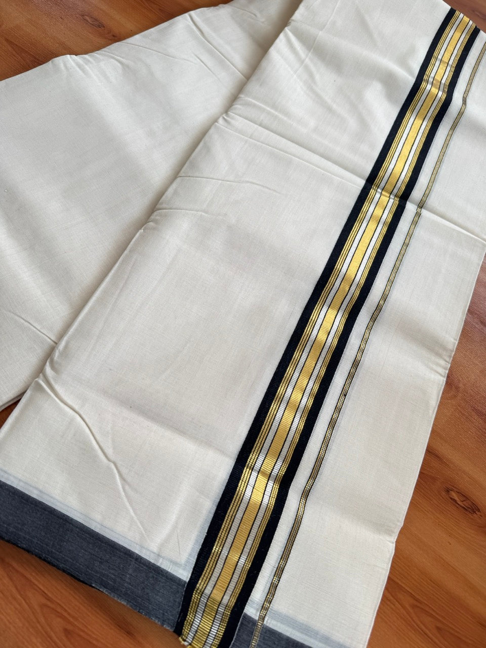 Double Off White (Unbleached) Mundu/Dhoti  25% Discount!! KaithariKada Handloom Millpaav - Kerala Handloom - 100% Pure Cotton - 80x90 - 1.75 Inch Gold Silver Kasav & Black Striped Kara 4 mtr (8.5 Muzham) - 8 KK5508 RAM