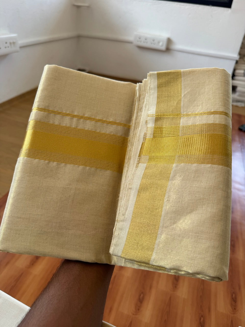 25% Discount ! KaithariKada Handloom Unakkupaav Kerala Handloom - Pure Cotton Off White - (Unbleached) Double Mundu/Dhoti - (100X80) - 2 inch Gold Kasavu Striped Tissue Body 4 mtr (8.5 Muzham) - 13 KK5384 ABH