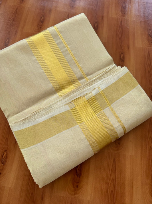 25% Discount ! KaithariKada Handloom Unakkupaav Kerala Handloom - Pure Cotton Off White - (Unbleached) Double Mundu/Dhoti - (100X80) - 2 inch Gold Kasavu Striped Tissue Body 4 mtr (8.5 Muzham) - 13 KK5384 ABH