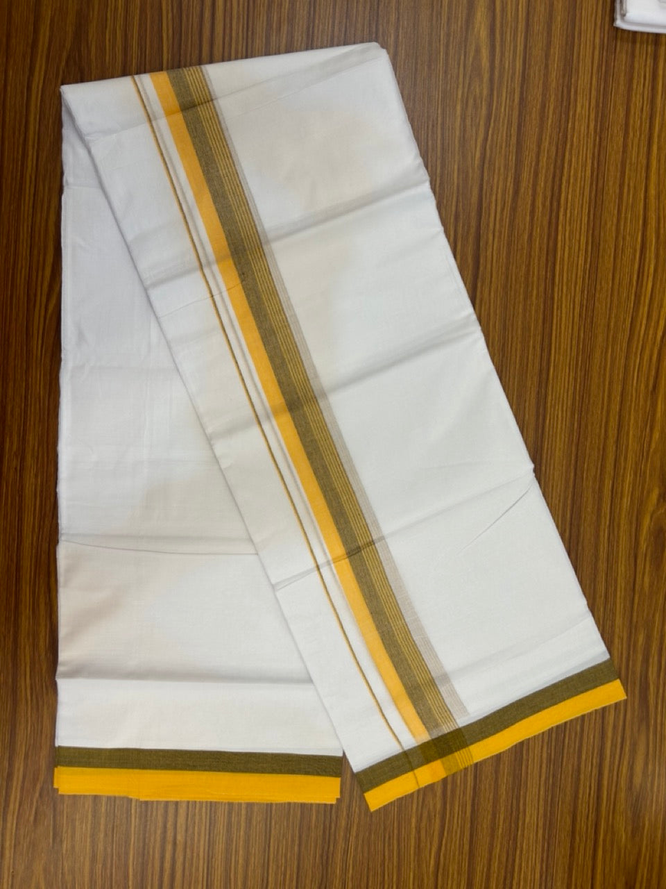 20% Discount ! Kaitharikada Balaramapuram 100% Cotton Pure White Double Mundu/Dothi - 100x80 - 1.5 inch Light Orange & Black Striped Kara 3.90 mtr (8 muzham) - 37 KK5285 VAS