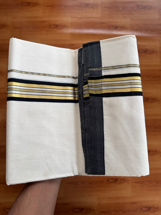 Double Off White (Unbleached) Mundu/Dhoti  25% Discount!! KaithariKada Handloom Millpaav - Kerala Handloom - 100% Pure Cotton - 80x90 - 1.5 Inch Gold Silver Kasav & Black Striped Kara 4 mtr (8.5 Muzham) - 7 KK5508 RAM