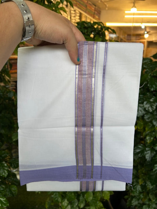 20% Discount ! KaithariKada Balaramapuram 100% Cotton Double Pure white Mundu/Dhoti- 100x80 - 1.5 inch Silver Kasavu & Lavender Striped Kara 3.90mtr ( 8 muzham) - 21 KK5251 PMC