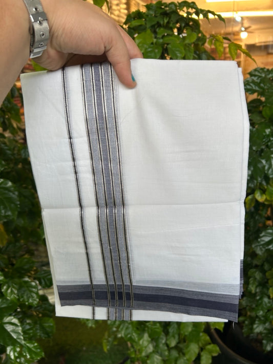 20% Discount ! KaithariKada Balaramapuram 100% Cotton Double Pure white Mundu/Dhoti- 100x80 - 1.5 inch Silver Kasavu & Navy Blue Striped Kara - 3.90mtr ( 8 muzham) - 20 KK5251 PMC
