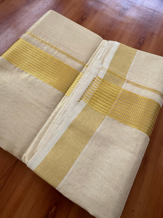 25% Discount ! KaithariKada Handloom Unakkupaav Kerala Handloom - Pure Cotton Off White - (Unbleached) Double Mundu/Dhoti - (100X80) - 2 inch Gold Kasavu Striped Tissue Body 4 mtr (8.5 Muzham) - 14 KK5384 ABH