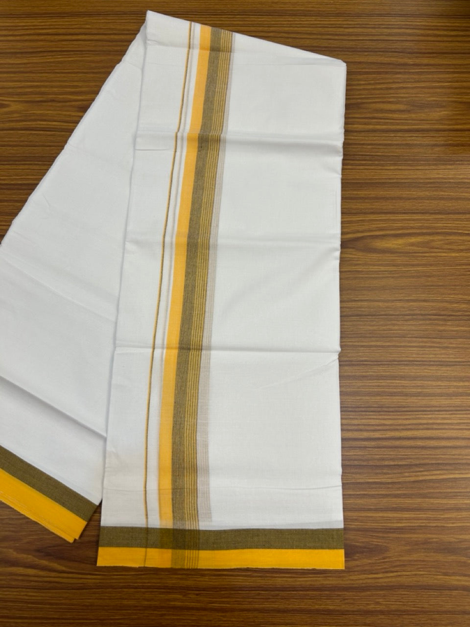 20% Discount ! Kaitharikada Balaramapuram 100% Cotton Pure White Double Mundu/Dothi - 100x80 - 1.5 inch Light Orange & Black Striped Kara 3.90 mtr (8 muzham) - 37 KK5285 VAS