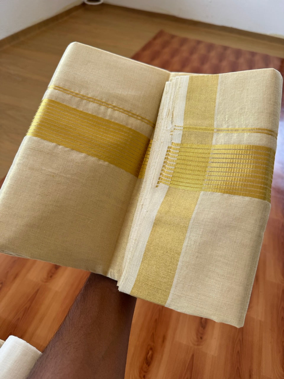 25% Discount ! KaithariKada Handloom Unakkupaav Kerala Handloom - Pure Cotton Off White - (Unbleached) Double Mundu/Dhoti - (100X80) - 2 inch Gold Kasavu Striped Tissue Body 4 mtr (8.5 Muzham) - 14 KK5384 ABH