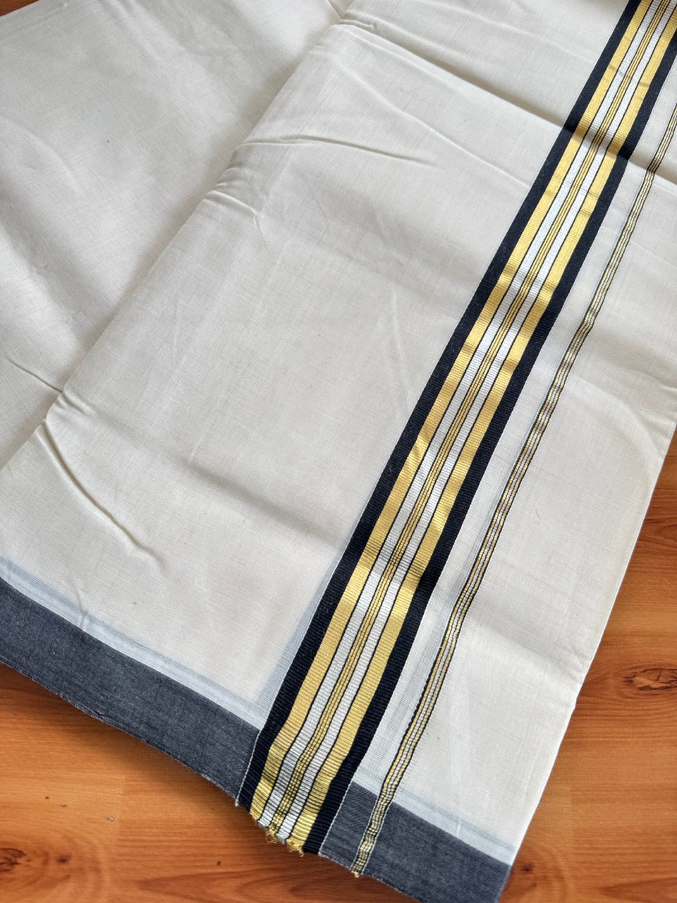 Double Off White (Unbleached) Mundu/Dhoti  25% Discount!! KaithariKada Handloom Millpaav - Kerala Handloom - 100% Pure Cotton - 80x90 - 1.5 Inch Gold Silver Kasav & Black Striped Kara 4 mtr (8.5 Muzham) - 7 KK5508 RAM