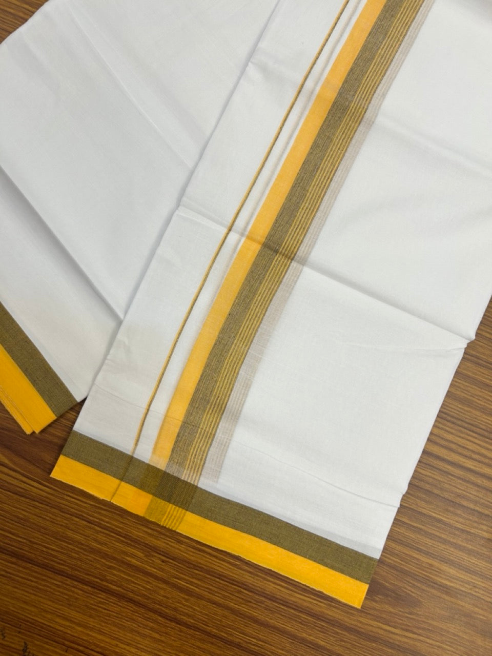 20% Discount ! Kaitharikada Balaramapuram 100% Cotton Pure White Double Mundu/Dothi - 100x80 - 1.5 inch Light Orange & Black Striped Kara 3.90 mtr (8 muzham) - 37 KK5285 VAS