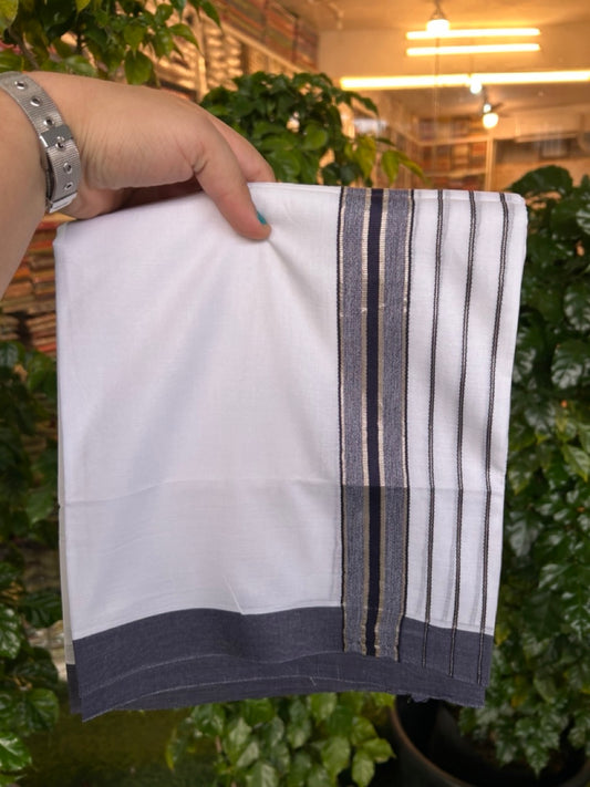 20% DISCOUNT ! KaithariKada Balaramapuram 100% Cotton Double Pure White Mundu/Dhoti - 100X80 - 6.5 inch Silver kasav Navy Blue Stripes kara 3.90 mtr (8 muzham) - 18 KK5251 PMC