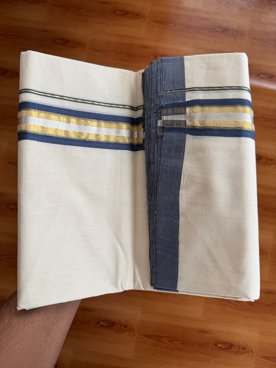 Double Off White (Unbleached) Mundu/Dhoti  25% Discount!! KaithariKada Handloom Millpaav - Kerala Handloom - 100% Pure Cotton - 80x90 - 1.5 Inch Gold Silver Kasav & Ash Blue Striped Kara 4 mtr (8.5 Muzham) - 10 KK5508 RAM