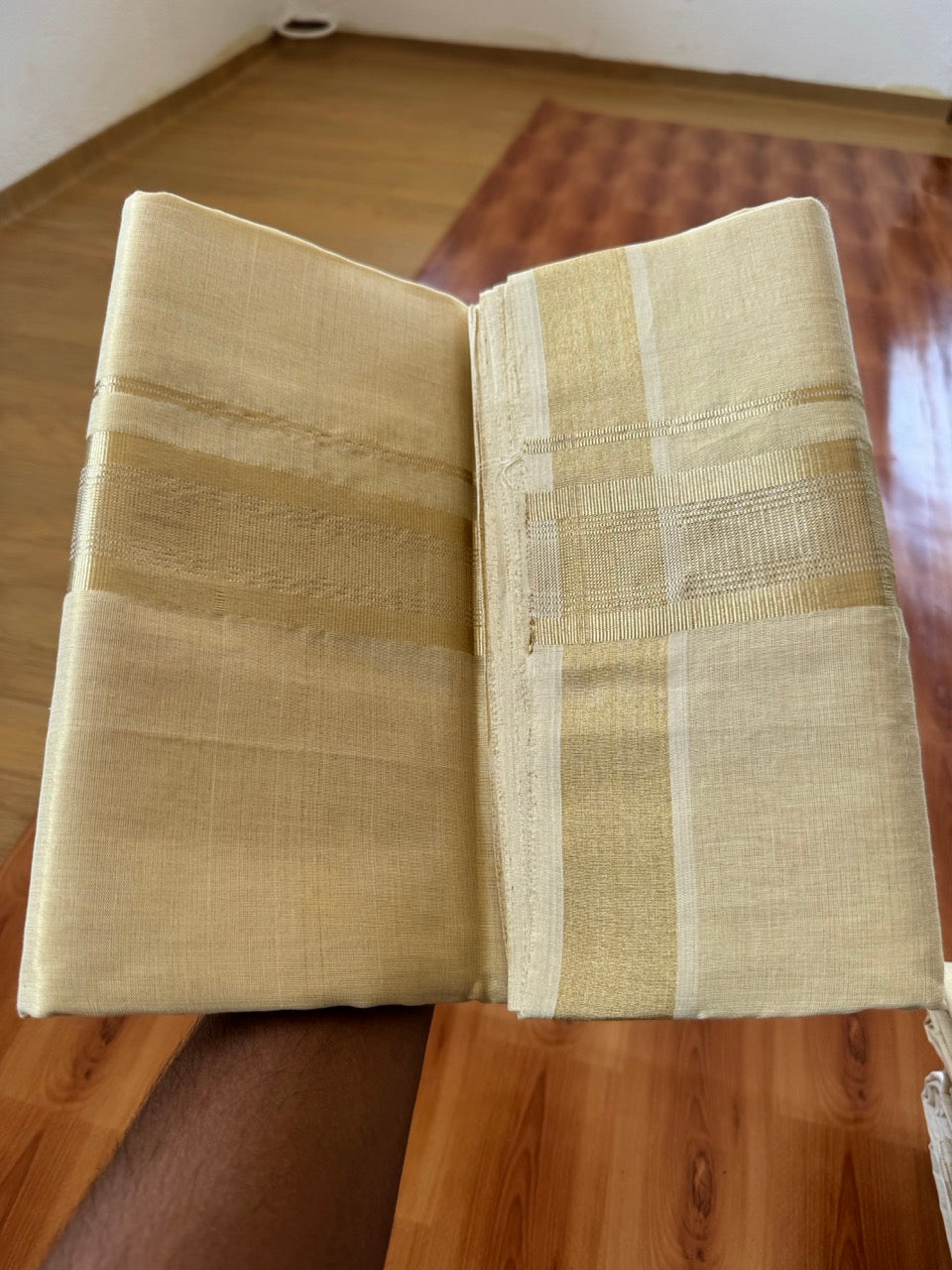 25% Discount ! KaithariKada Handloom Unakkupaav Kerala Handloom - Pure Cotton Off White - (Unbleached) Double Mundu/Dhoti - (100X80) - 2 inch Light Gold Kasavu Striped Tissue Body 4 mtr (8.5 Muzham) - 17 KK5384 ABH