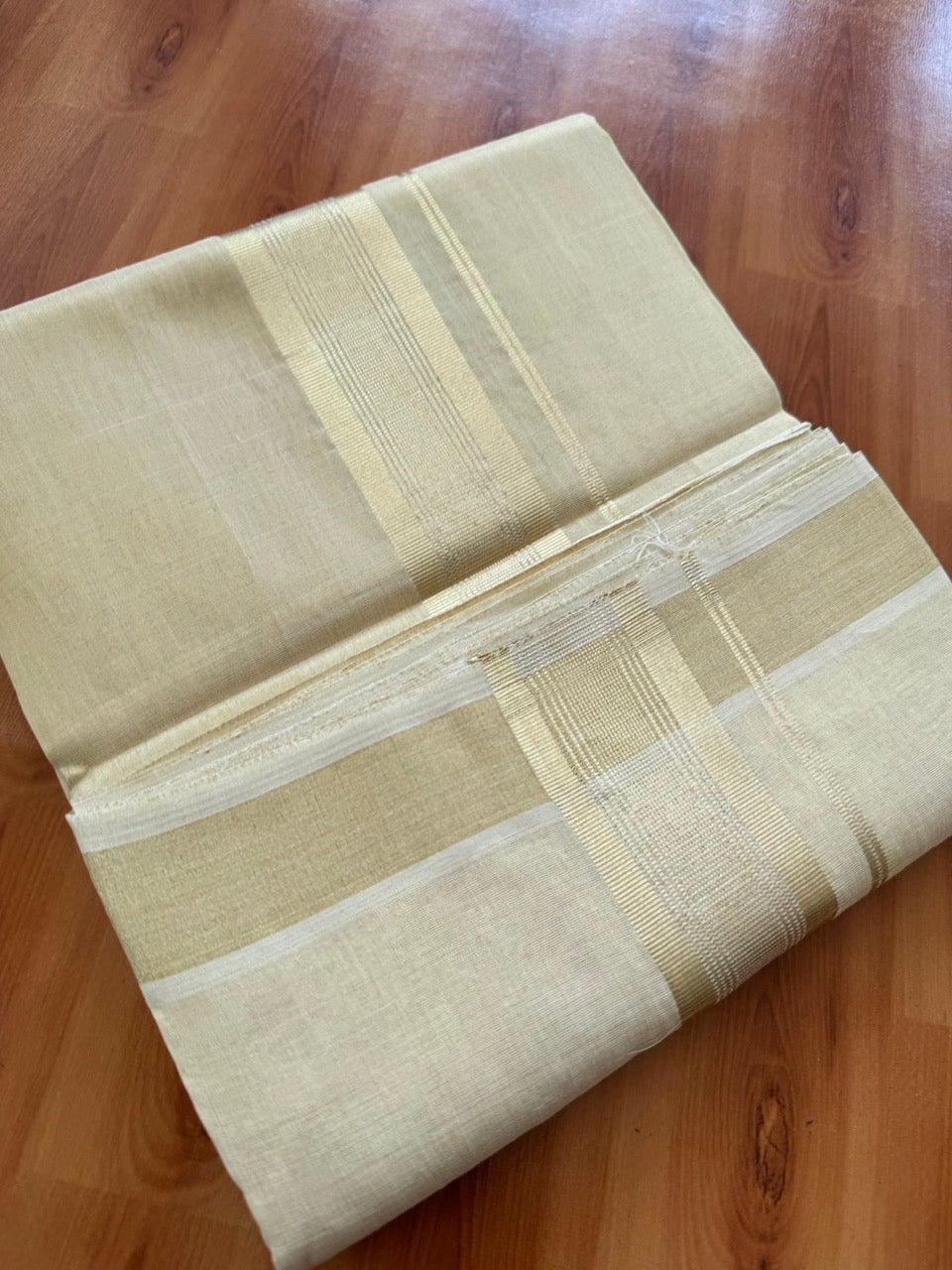25% Discount ! KaithariKada Handloom Unakkupaav Kerala Handloom - Pure Cotton Off White - (Unbleached) Double Mundu/Dhoti - (100X80) - 2 inch Light Gold Kasavu Striped Tissue Body 4 mtr (8.5 Muzham) - 17 KK5384 ABH