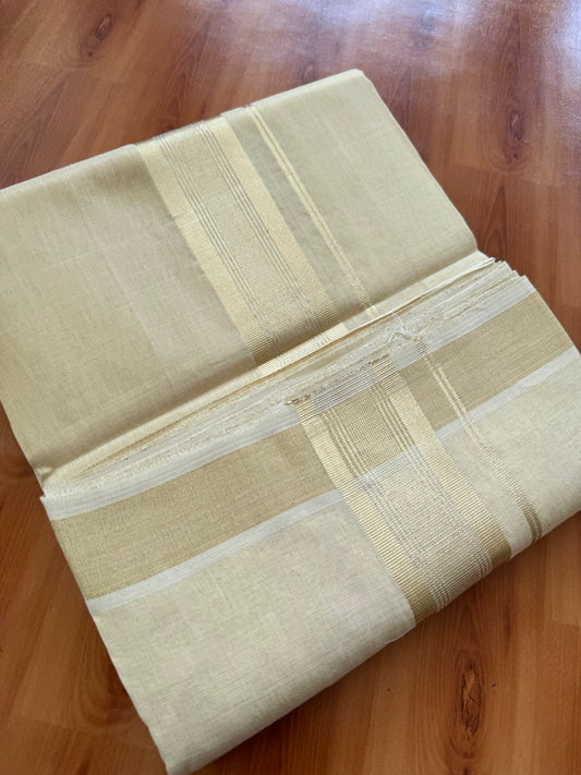 25% Discount ! KaithariKada Handloom Unakkupaav Kerala Handloom - Pure Cotton Off White - (Unbleached) Double Mundu/Dhoti - (100X80) - 2 inch Light Gold Kasavu Striped Tissue Body 4 mtr (8.5 Muzham) - 17 KK5384 ABH