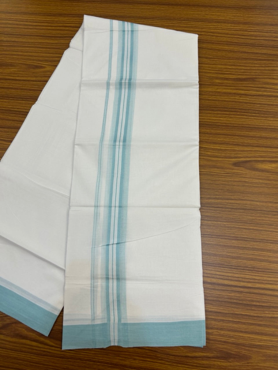 20% Discount ! Kaitharikada Balaramapuram 100% Cotton Pure White Double Mundu/Dothi - 100x80 - 1.5 inch Turquoise Blue Shaded Striped Kara 3.90 mtr (8 muzham) -  107 KK5285 VAS