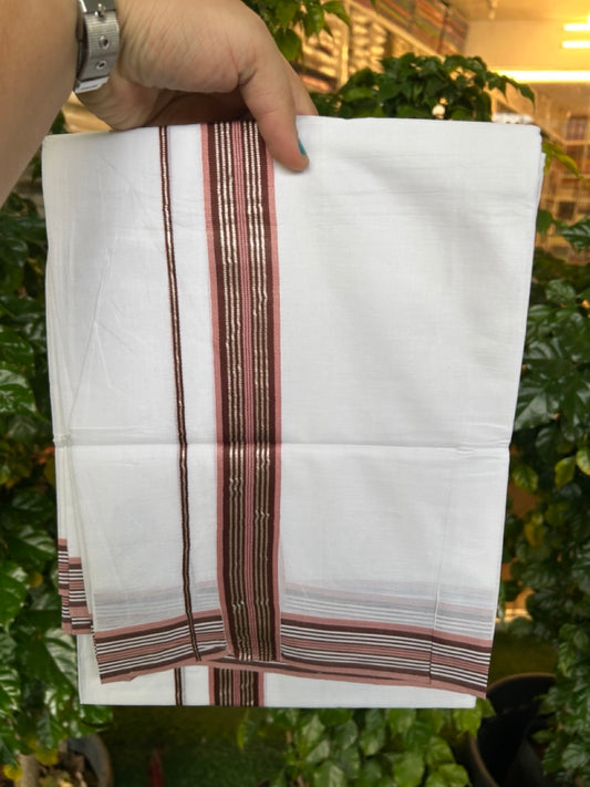 20% DISCOUNT ! KaithariKada Balaramapuram 100% Cotton Double PURE WHITE Mundu/Dhoti - 100X80 - 1.5 inch Silver kasav Brown & Dusty Rose Stripes kara 3.90 mtr (8 muzham)- 16 KK5251 PMC