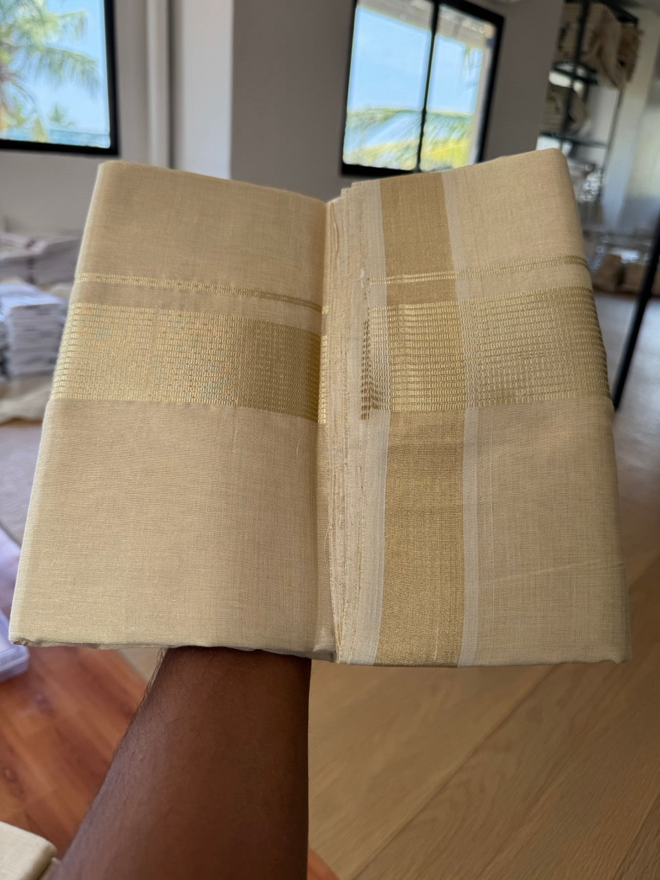 25% Discount ! KaithariKada Handloom Unakkupaav Kerala Handloom - Pure Cotton Off White - (Unbleached) Double Mundu/Dhoti - (100X80) - 2 inch Light Gold Kasavu Striped Tissue Body 4 mtr (8.5 Muzham) - 16 KK5384 ABH