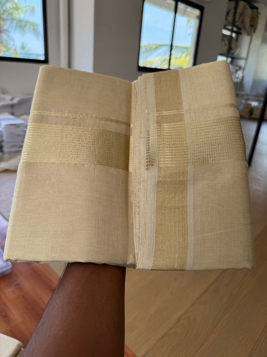 25% Discount ! KaithariKada Handloom Unakkupaav Kerala Handloom - Pure Cotton Off White - (Unbleached) Double Mundu/Dhoti - (100X80) - 2 inch Light Gold Kasavu Striped Tissue Body 4 mtr (8.5 Muzham) - 16 KK5384 ABH
