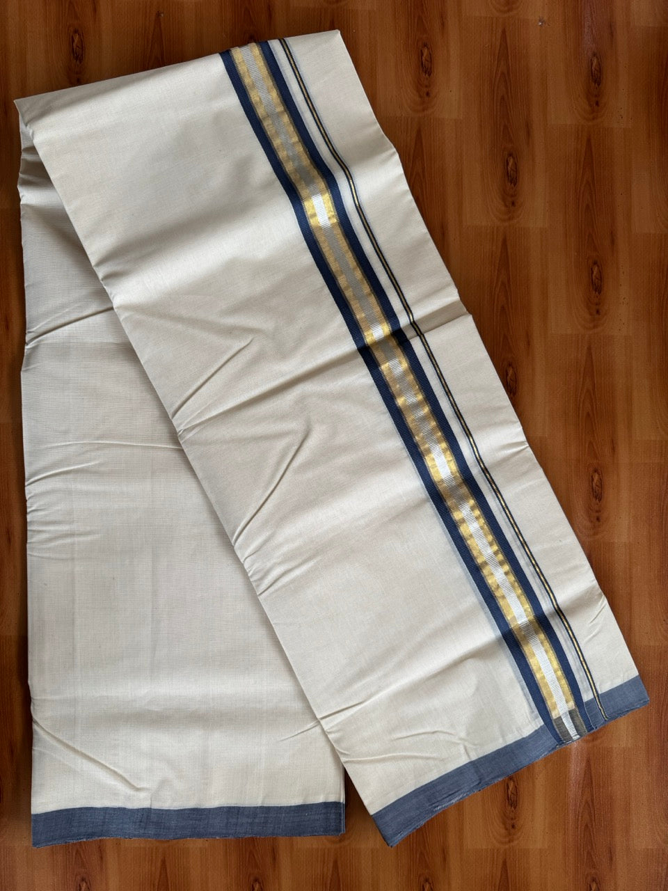 Double Off White (Unbleached) Mundu/Dhoti  25% Discount!! KaithariKada Handloom Millpaav - Kerala Handloom - 100% Pure Cotton - 80x90 - 1.5 Inch Gold Silver Kasav & Ash Blue Striped Kara 4 mtr (8.5 Muzham) - 10 KK5508 RAM