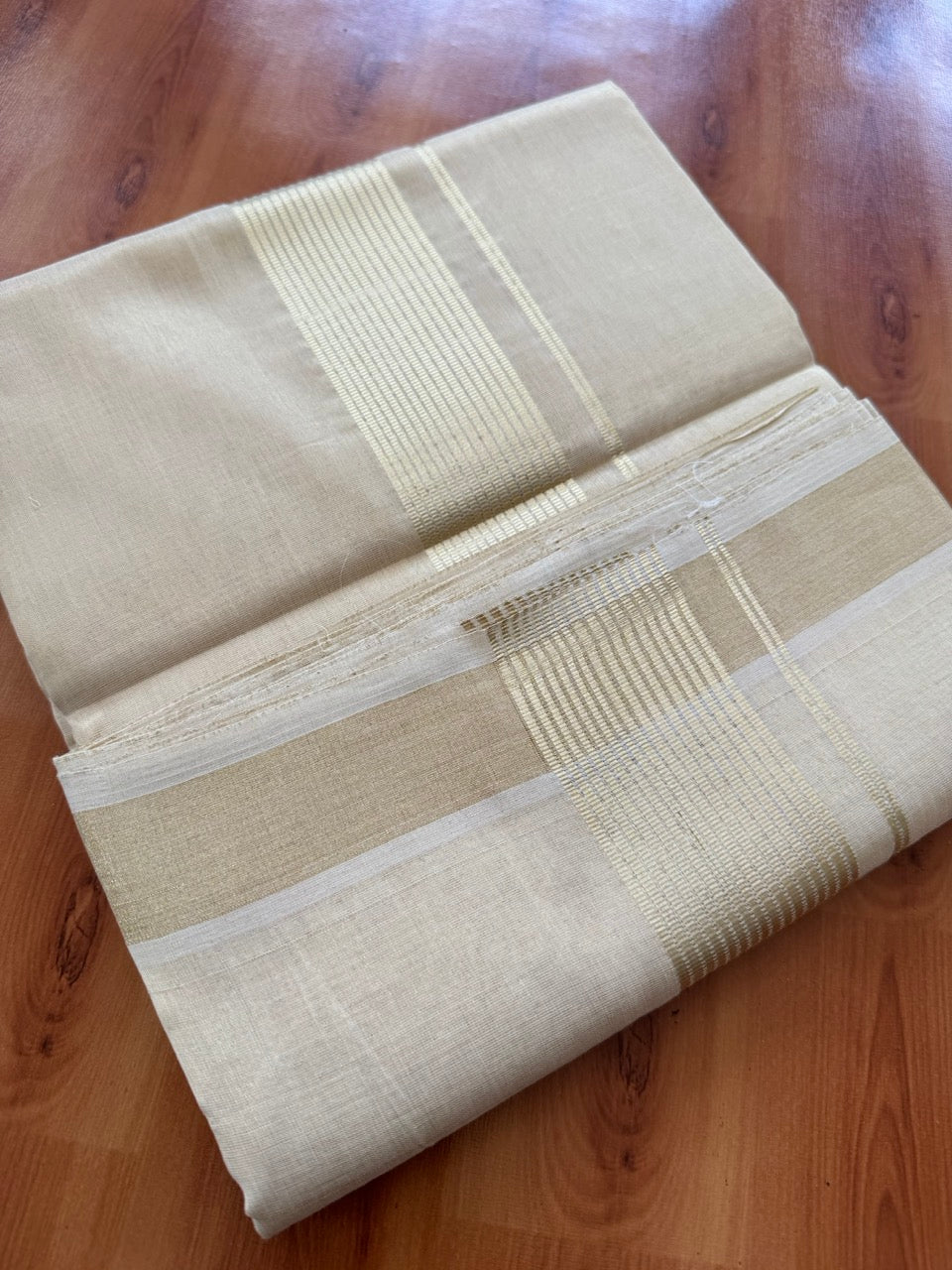 25% Discount ! KaithariKada Handloom Unakkupaav Kerala Handloom - Pure Cotton Off White - (Unbleached) Double Mundu/Dhoti - (100X80) - 2 inch Light Gold Kasavu Striped Tissue Body 4 mtr (8.5 Muzham) - 16 KK5384 ABH