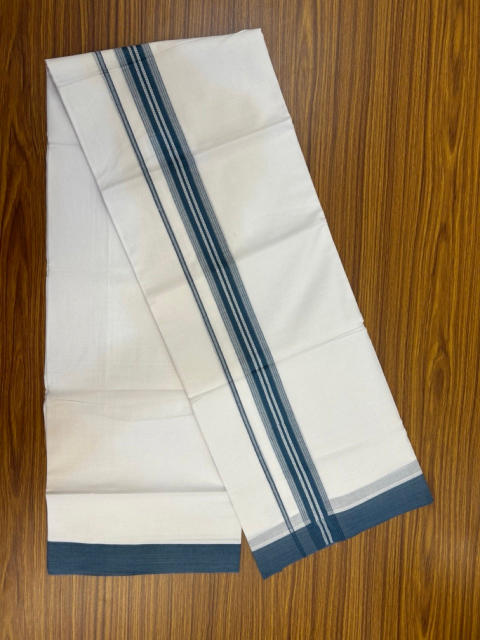 20% Discount ! Kaitharikada Balaramapuram 100% Cotton Pure White Double Mundu/Dothi - 100x80 - 1.5 inch Peacock Blue Shaded Striped Kara 3.90 mtr (8 muzham) - 38 KK5285 VAS