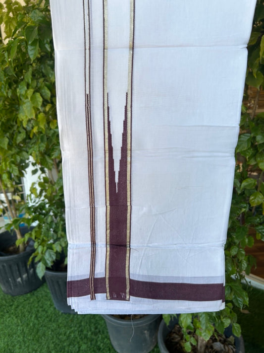 25% DISCOUNT! KaithariKada Balaramapuram 100% Mercerised Cotton Double ULTRA PURE white Mundu/Dhoti - 120x120 - 1.5 inch Heavy Chutty Silver kasavu Dark Purple Kara - 9KK5139THI