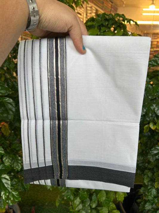 20% DISCOUNT ! KaithariKada Balaramapuram 100% Cotton Double Pure White Mundu/Dhoti - 100X80 - 6.5 inch Silver kasav Black Stripes kara 3.90 mtr (8 muzham) - 15 KK5251 PMC