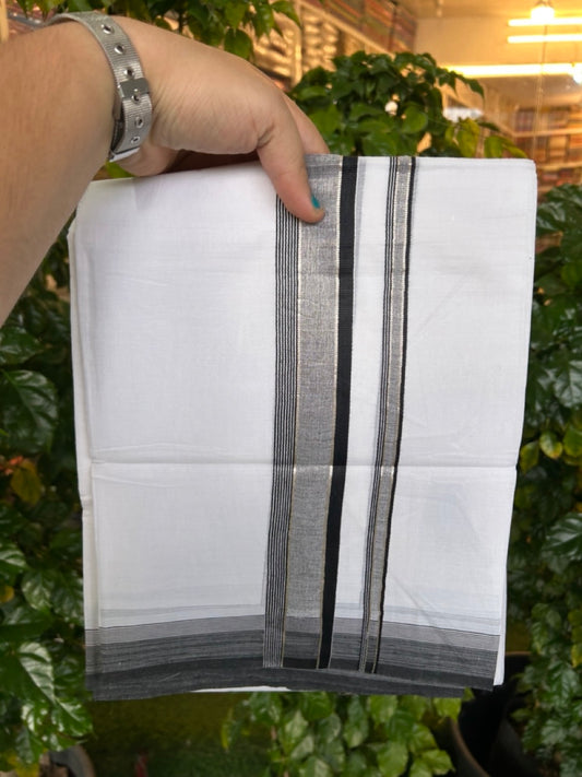 20% DISCOUNT ! KaithariKada Balaramapuram 100% Cotton Double Pure White Mundu/Dhoti - 100X80 - 1.5 inch Silver kasav Black Stripes kara 3.90 mtr (8 muzham)- 14 KK5251 PMC