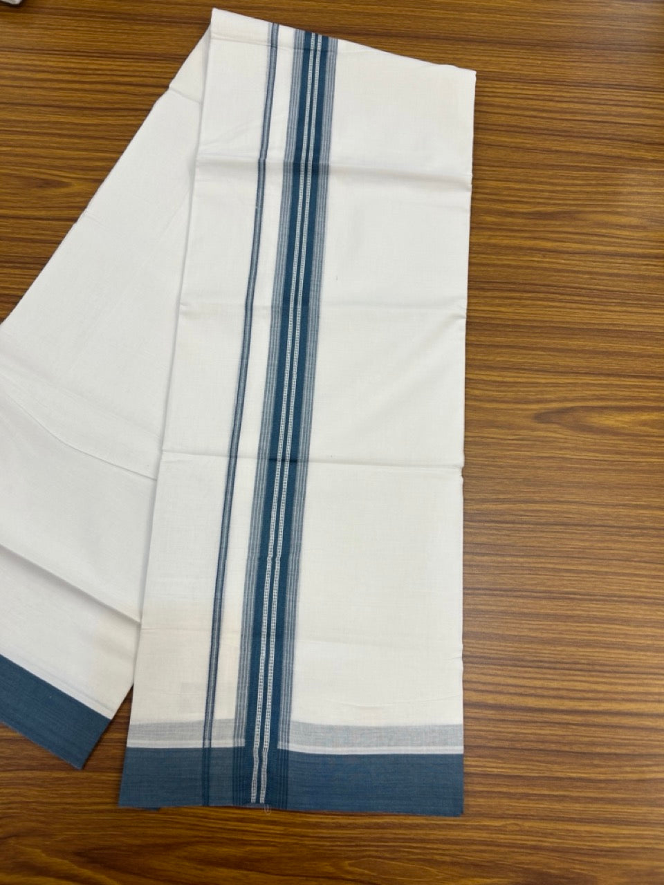 20% Discount ! Kaitharikada Balaramapuram 100% Cotton Pure White Double Mundu/Dothi - 100x80 - 1.5 inch Peacock Blue Shaded Striped Kara 3.90 mtr (8 muzham) - 38 KK5285 VAS