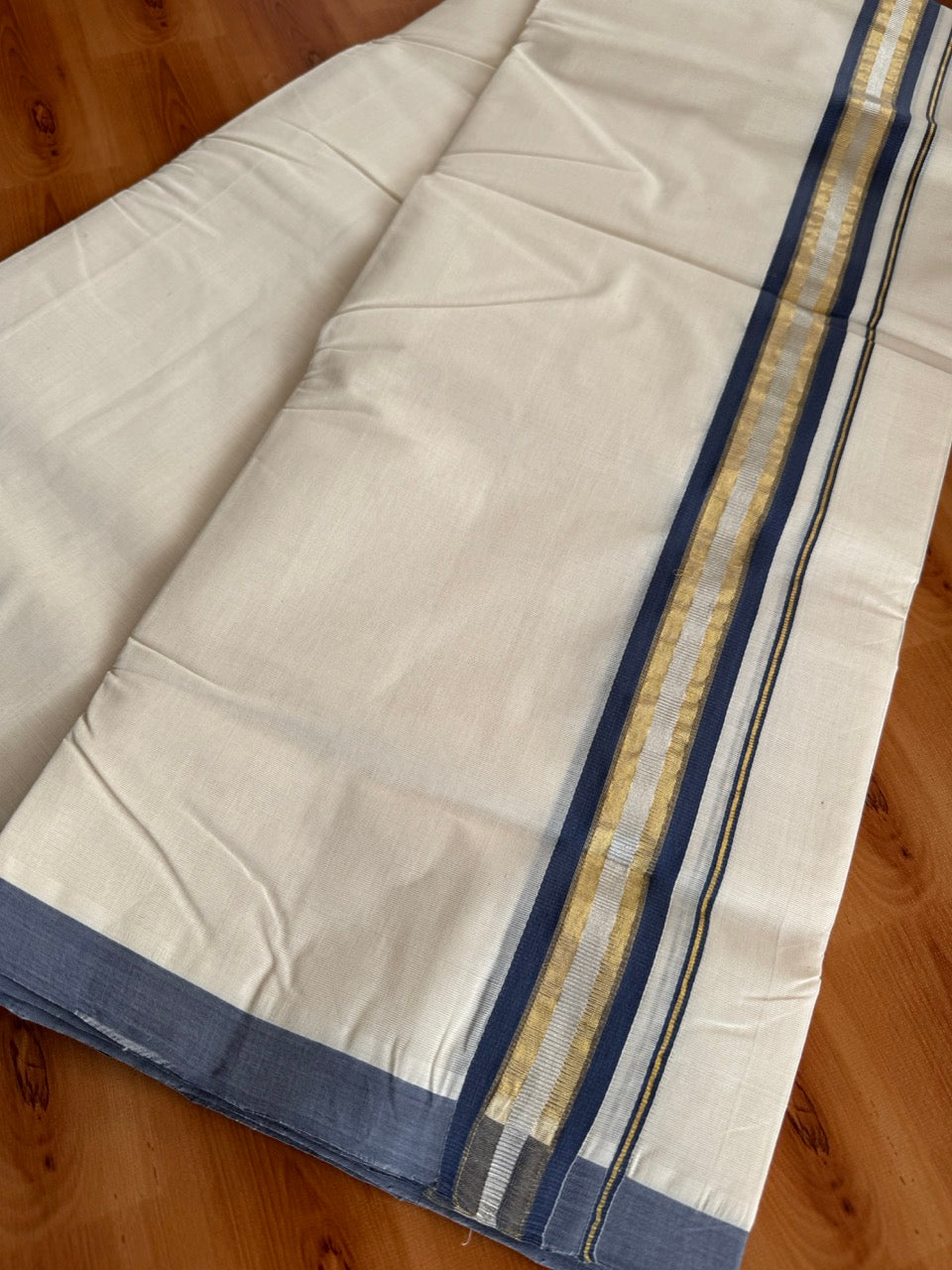 Double Off White (Unbleached) Mundu/Dhoti  25% Discount!! KaithariKada Handloom Millpaav - Kerala Handloom - 100% Pure Cotton - 80x90 - 1.5 Inch Gold Silver Kasav & Ash Blue Striped Kara 4 mtr (8.5 Muzham) - 10 KK5508 RAM