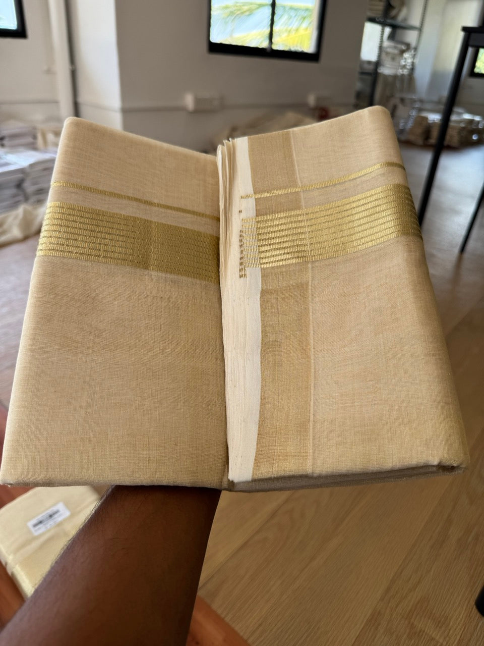 25% Discount ! KaithariKada Handloom Unakkupaav Kerala Handloom - Pure Cotton Off White - (Unbleached) Double Mundu/Dhoti - (100X80) - 1.25 inch Light Gold Kasavu Striped Tissue Body 4 mtr (8.5 Muzham) - 15 KK5384 ABH