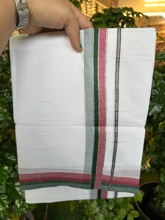 20% DISCOUNT ! KaithariKada Balaramapuram 100% Cotton Double PURE WHITE Mundu/Dhoti - 100X80 - 1.5 inch Silver kasav Dark Green & Pink Maroon Stripes kara 3.90 mtr (8 muzham)- 13 KK5251 PMC