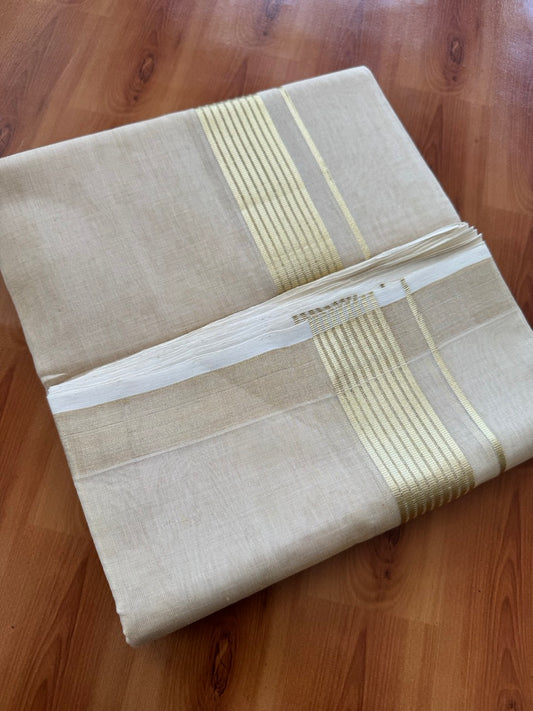 25% Discount ! KaithariKada Handloom Unakkupaav Kerala Handloom - Pure Cotton Off White - (Unbleached) Double Mundu/Dhoti - (100X80) - 1.25 inch Light Gold Kasavu Striped Tissue Body 4 mtr (8.5 Muzham) - 15 KK5384 ABH