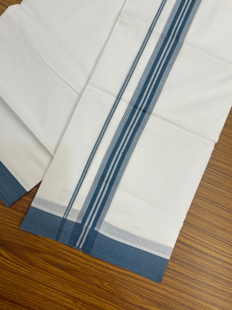 20% Discount ! Kaitharikada Balaramapuram 100% Cotton Pure White Double Mundu/Dothi - 100x80 - 1.5 inch Peacock Blue Shaded Striped Kara 3.90 mtr (8 muzham) - 38 KK5285 VAS