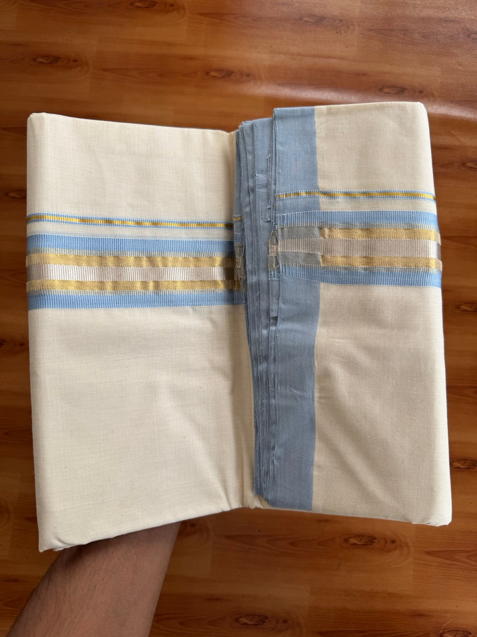 Double Off White (Unbleached) Mundu/Dhoti  25% Discount!! KaithariKada Handloom Millpaav - Kerala Handloom - 100% Pure Cotton - 80x90 - 1.75 Inch Gold Silver Kasav & Light Blue Striped Kara 4 mtr (8.5 Muzham) - 12 KK5508 RAM