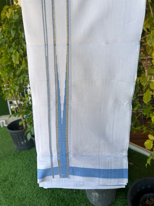 25% DISCOUNT! KaithariKada Balaramapuram 100% Mercerised Cotton Double ULTRA PURE white Mundu/Dhoti -120x120 - 1.25 inch Heavy Chutty Silver Kasavu & Light Blue Kara -11KK5139THI