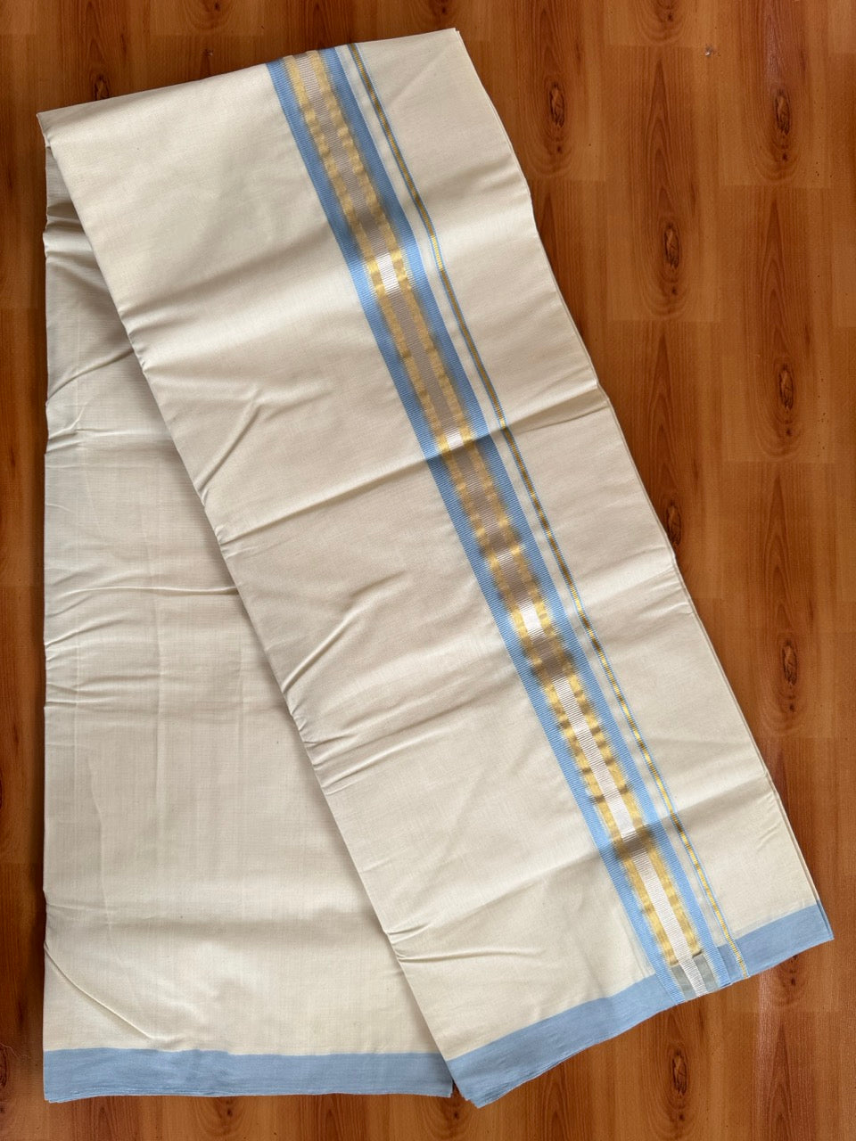 Double Off White (Unbleached) Mundu/Dhoti  25% Discount!! KaithariKada Handloom Millpaav - Kerala Handloom - 100% Pure Cotton - 80x90 - 1.75 Inch Gold Silver Kasav & Light Blue Striped Kara 4 mtr (8.5 Muzham) - 12 KK5508 RAM